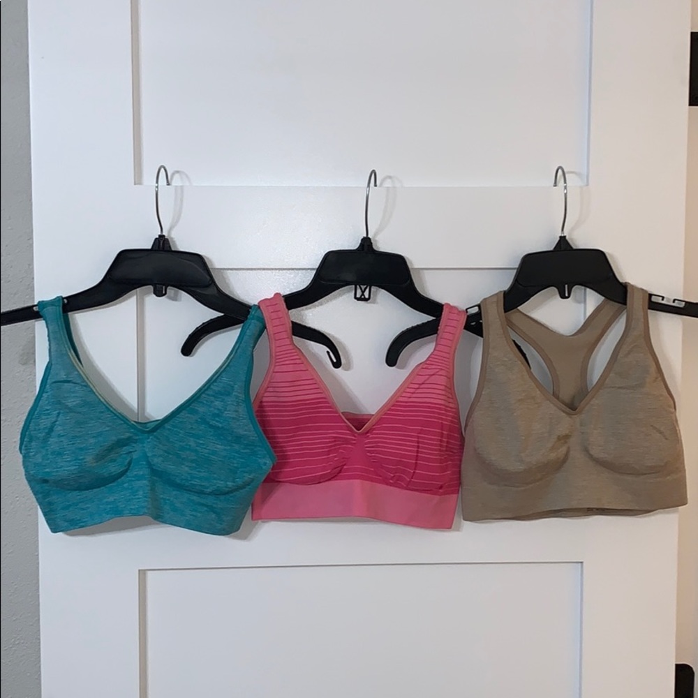 Three Sports Bras Nude Medium Teal and Pink Small